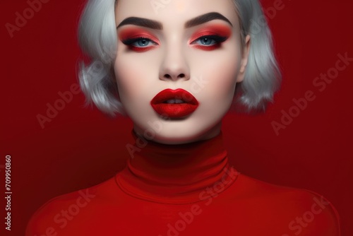 Beauty portrait of a young woman with red makeup.