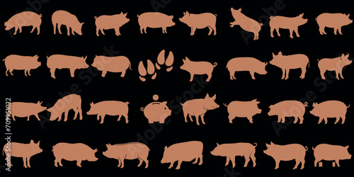 Pig silhouettes, pig vector art, farm animals in diverse shapes, sizes on black background. Perfect for farm-themed graphics, educational content, animal-related designs