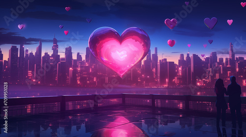 Valentine Background with a cyberpunk twist, depicting a futuristic city skyline where holographic hearts illuminate the night, influenced by the cyber-noir aesthetic romantic dystopian vibes