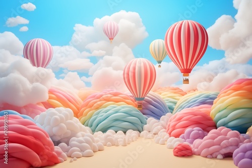 3D Rainbow Clouds and Balloons Set, Multi-Layered Collage-Like Style, Minimalist Stage Designs with Vibrant Elements photo