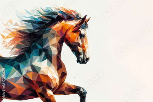 Low poly image of a Horse on solid white bright background. ai generative