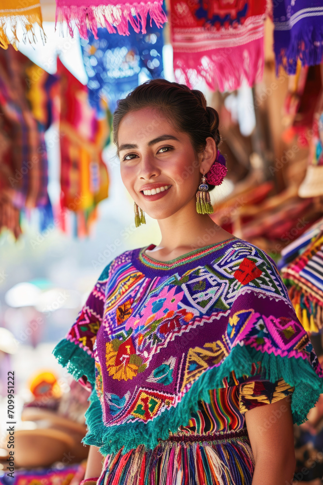 A 28 - year - old Mexican woman, proudly wearing a colorful and intricately embroidered Oaxacan huipil and a flowing skirt.
