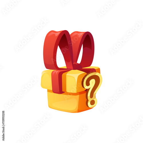 Closed gift box with question mark, realistic vector illustration isolated.