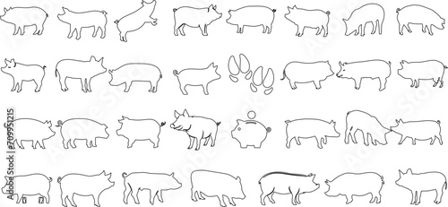 Hand drawn pig sketches, unique line art of pigs, various poses, sizes. Perfect for farm, animal, agriculture-themed designs. Essential for creative projects, artistic illustrations