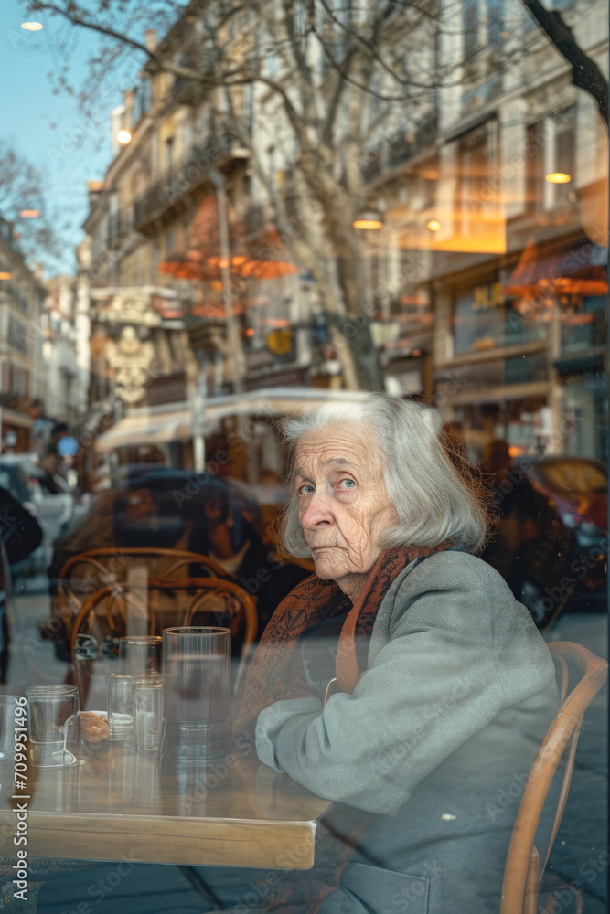 An elderly woman in a historic European town square, observed through the reflections on a cafe window. 