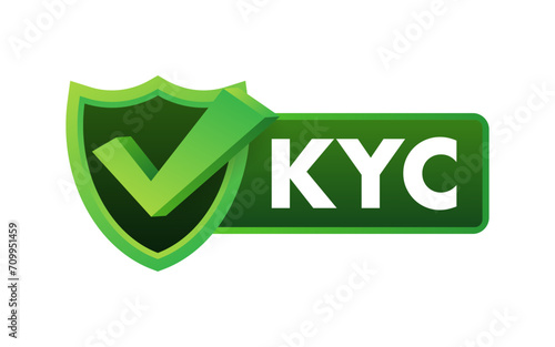 Vector badge design with KYC Know Your Customer checkmark, symbolizing verified and secure customer identification processes