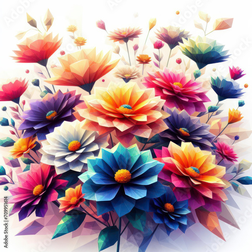 Low poly image of blooming flower colorful on solid white bright background. ai generative © Igor