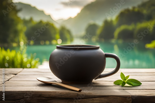 asian tea cup set , healthy herbal infusion , natural landscape background