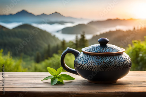 asian tea cup set , healthy herbal infusion , natural landscape background