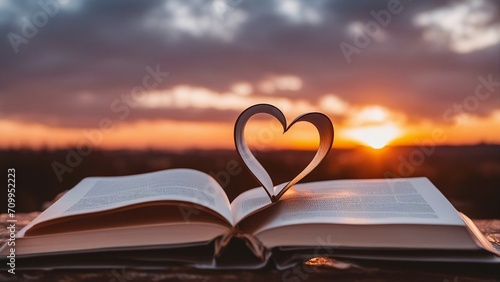 open book with heart at sunset a book with a heart shaped pages on top of it
