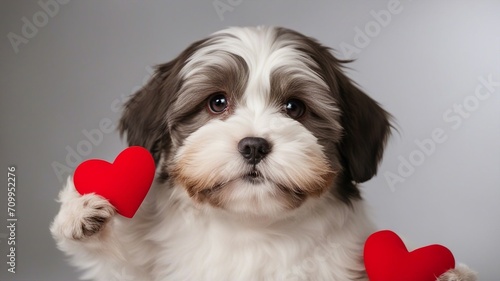 puppy with heart a cute white dog holding red heart hearts and a blurred face, standing on a gray background. photo