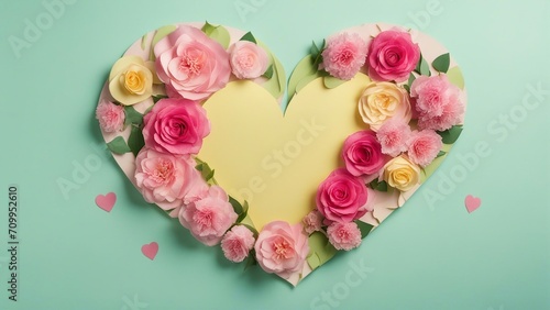 pink rose petals A paper heart with pink flowers on a pastel background. The heart is pink and has some patterns  © Jared