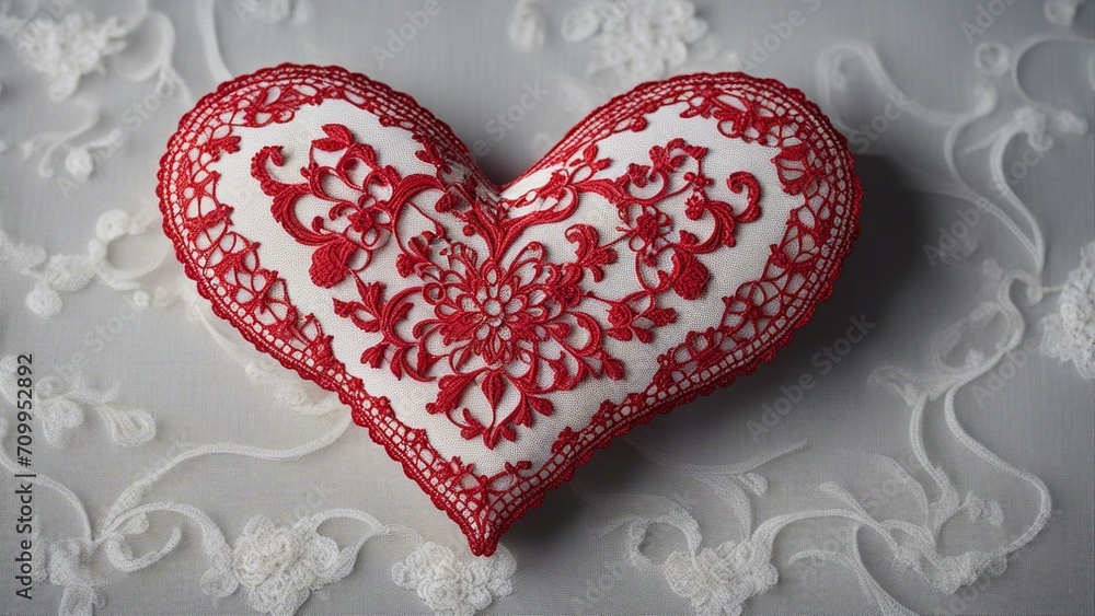Fototapeta premium heart on white lace A red heart with a lace pattern on a white background. The heart is delicate and beautiful, 