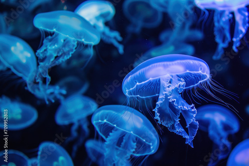 a lot of neon jellyfishes in aquarium © reddish