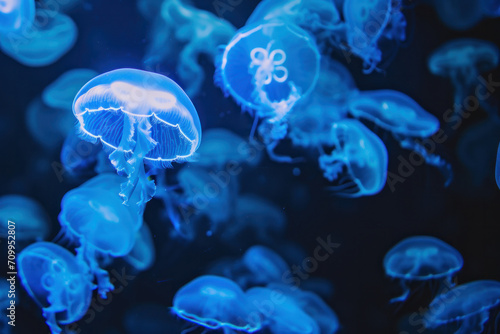 a lot of neon jellyfishes in aquarium © reddish