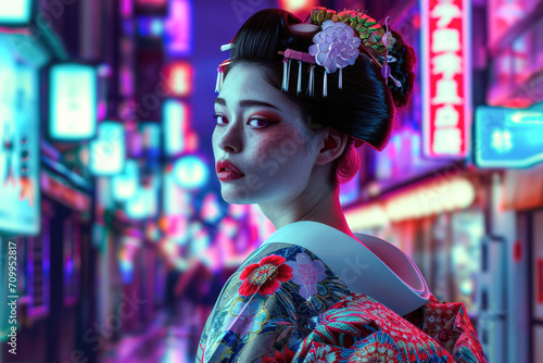 A 35 - year - old Japanese woman, dressed in a modern Tokyo street fashion ensemble. Her clothing should seamlessly blend traditional Japanese patterns with contemporary urban style.