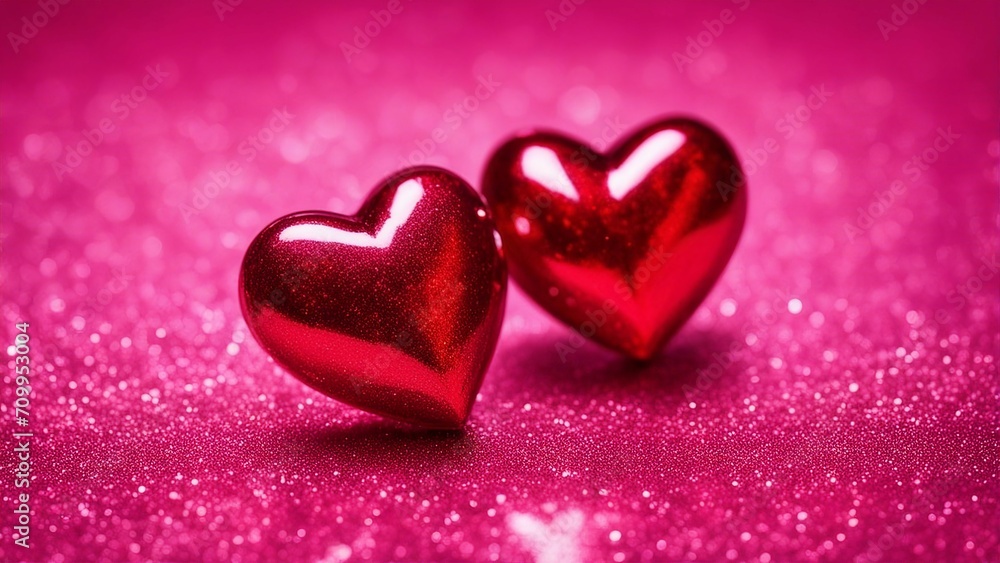 red heart on a pink background Two red hearts on a pink glitter background. The hearts are bright and have some reflections  