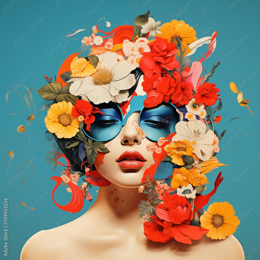 Surreal portrait of a woman with flowers and splashes on her head pop art abstract