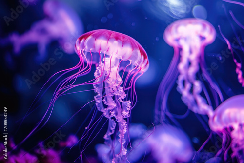 neon jellyfishes in aquarium  © reddish