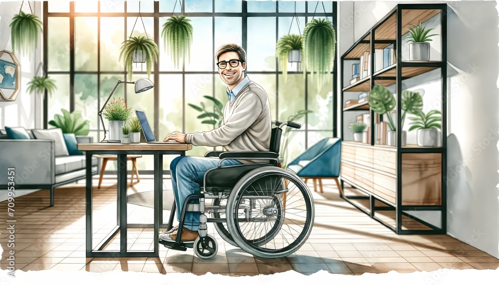 The image features a man in a wheelchair at a desk in a bright, plant-filled room, smiling while using a laptop. The image features a man in a wheelchair at a desk in a bright, plant-filled room, smiling while using a laptop.