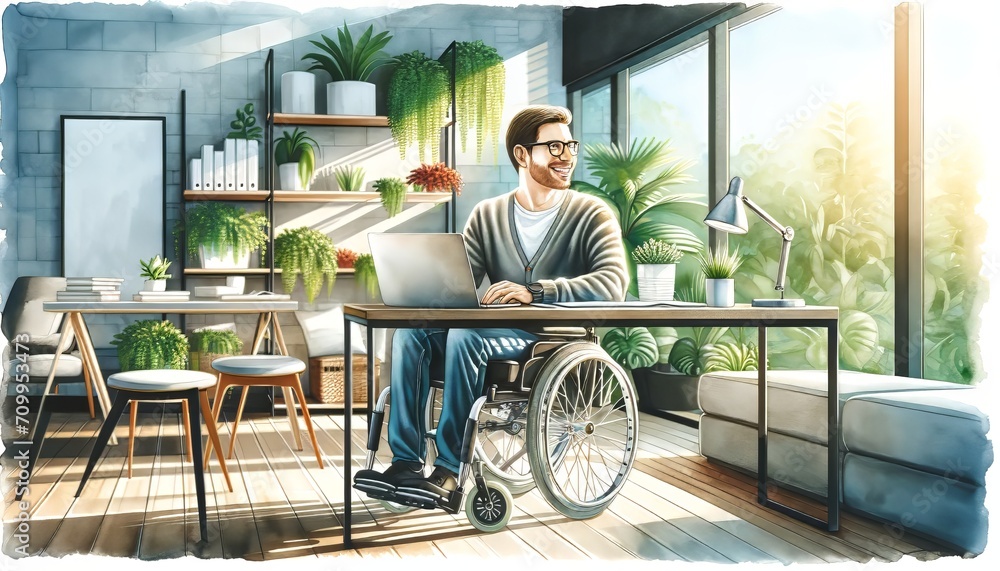 The image features a man in a wheelchair at a desk in a bright, plant-filled room, smiling while using a laptop. The image features a man in a wheelchair at a desk in a bright, plant-filled room, smiling while using a laptop.