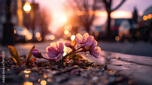 flowers on the ground, blurred city view 