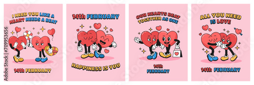 Set of banners or valentine cards for 14th February holiday. Valentines day love confession or expression. Heart characters kiss and embrace. Happy lovers or couple in love. Retro 90s style.