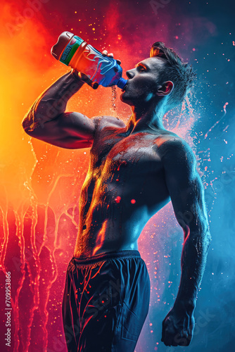 A male athlete drinking isotonic sports drink after training. He is sweaty, wearing sportswear and holding a bottle of the drink in her hand.