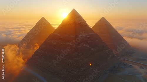  three pyramids in the sky with the sun in the middle of the pyramids in the middle of the clouds.