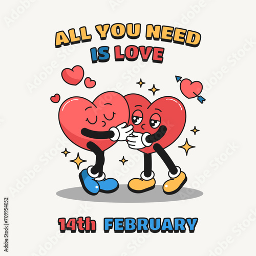 Valentine's day banner or greeting card. Pop art heart characters or romantic emoji. Kiss of lovers or couple in love. All you need is love, confession or expression. Valentine retro 90s style.