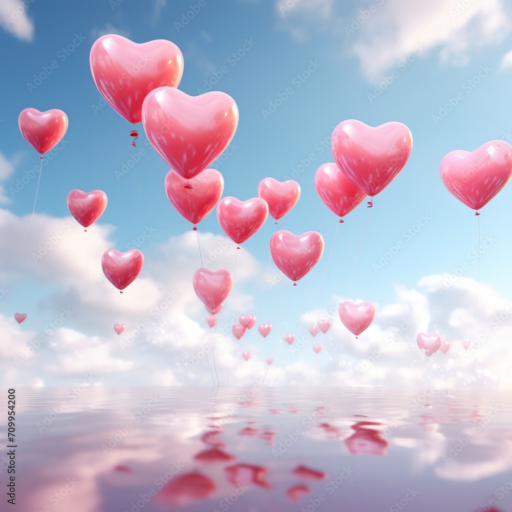 Valentine's day concept with heart shaped balloons against blue sky. Generative AI.