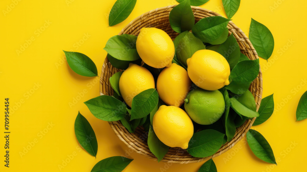 freshly picked  lemons in a basket on the table 