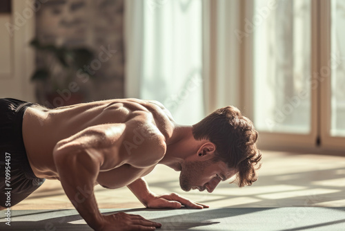 Young Man Doing Pushups As Part Of Bodybuilding Training At Home