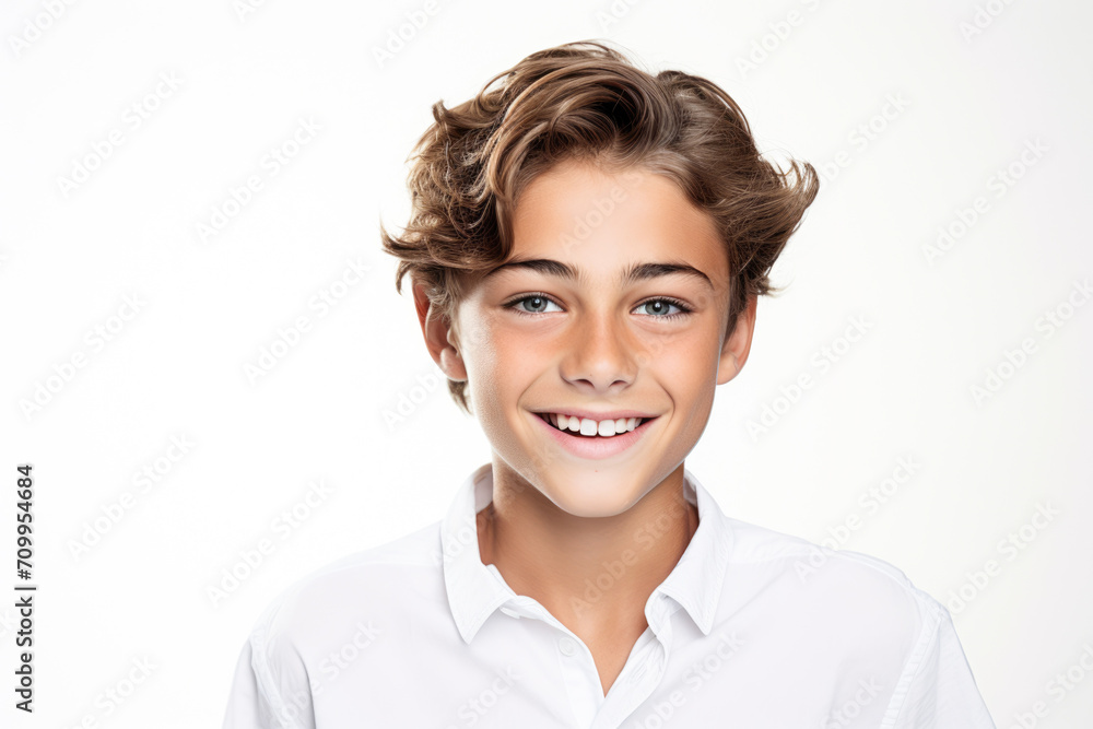 Captivating Dental Advertisement: Radiant Smiles of a Charming Young Boy with Immaculate Teeth and Stylish Long Hair, Showcased in a Close-Up Portrait on a Clean White Background. Captivating Dental Advertisement: Radiant Smiles of a Charming Young Boy with Immaculate Teeth and Stylish Long Hair, Showcased in a Close-Up Portrait on a Clean White Background.