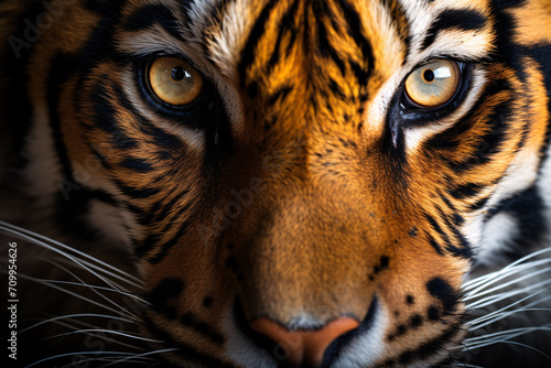 Capturing a close-up of a perilous, tiger-striped feline in its tropical jungle habitat.