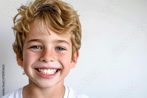 Captivating Dental Advertisement: Radiant Smiles of a Charming Young Boy with Immaculate Teeth and Stylish Long Hair, Showcased in a Close-Up Portrait on a Clean White Background.