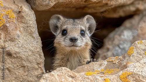  a close up of a small animal in a rocky area with yellow lichens on it's fur. photo