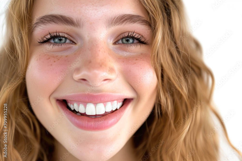 Radiant Smile: Captivating Close-Up of a Youthful Teenage Beauty Showcasing Immaculate Teeth in a Dental Advertisement. Featuring a Lovely Girl with Chic, Flowing Hair Against a Clean White Background Radiant Smile: Captivating Close-Up of a Youthful Teenage Beauty Showcasing Immaculate Teeth in a Dental Advertisement. Featuring a Lovely Girl with Chic, Flowing Hair Against a Clean White Background