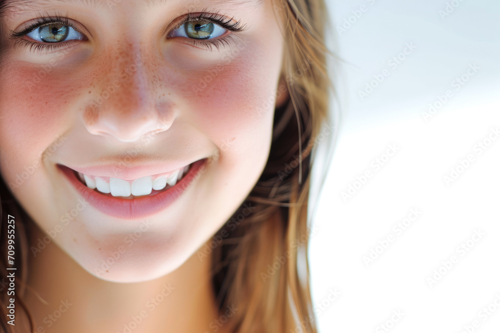 Radiant Smile: Captivating Close-Up of a Youthful Teenage Beauty Showcasing Immaculate Teeth in a Dental Advertisement. Featuring a Lovely Girl with Chic, Flowing Hair Against a Clean White Background Radiant Smile: Captivating Close-Up of a Youthful Teenage Beauty Showcasing Immaculate Teeth in a Dental Advertisement. Featuring a Lovely Girl with Chic, Flowing Hair Against a Clean White Background