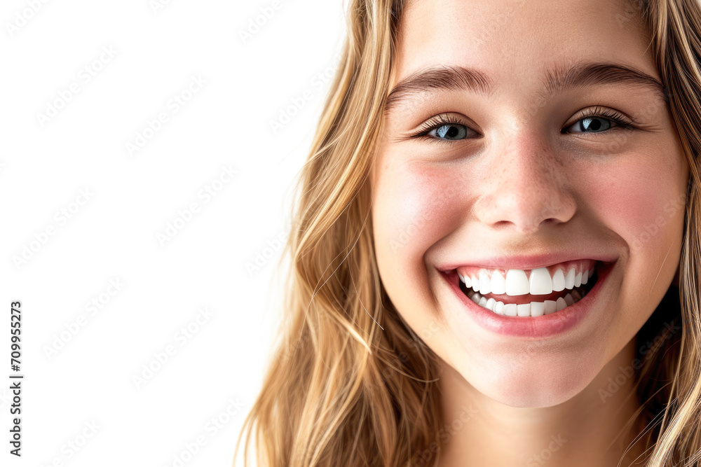 Radiant Smile: Captivating Close-Up of a Youthful Teenage Beauty Showcasing Immaculate Teeth in a Dental Advertisement. Featuring a Lovely Girl with Chic, Flowing Hair Against a Clean White Background Radiant Smile: Captivating Close-Up of a Youthful Teenage Beauty Showcasing Immaculate Teeth in a Dental Advertisement. Featuring a Lovely Girl with Chic, Flowing Hair Against a Clean White Background