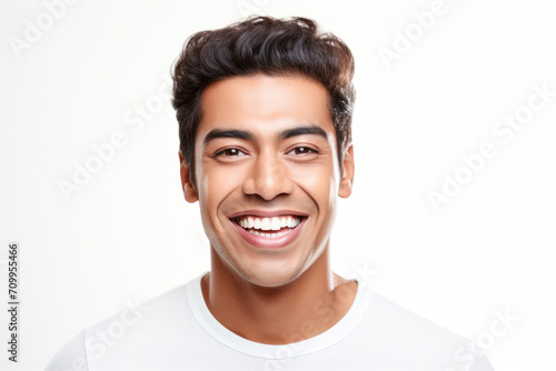 Captivating Dental Advertisement: Radiant Smiles of a Stylish Indian Gentleman, Featuring Immaculate Teeth, Fresh Hair, and a Strong Jawline in a Striking Close-Up Portrait. Isolated on a Clean White 