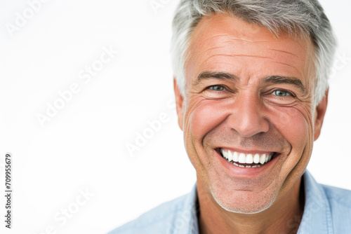 a closeup photo portrait of a handsome old mature man smiling with clean teeth. for a dental ad. guy with fresh stylish hair and beard with strong jawline. isolated on white background
