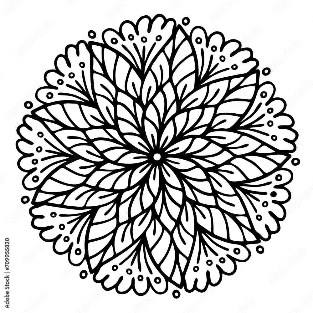 Isolated abstract leaves mandala. Black and white vector illustration for coloring book, poster, banner, decor. Also suitable for logo design.