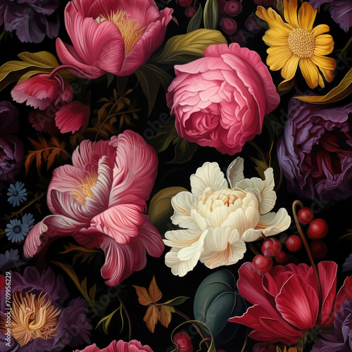 Elegant seamless floral pattern, colorful flowers on dark background, Valentine day holiday art card