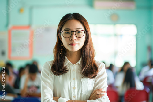 Portrait of a young Asian female teacher standing with arms crossed in classroom