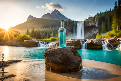 transparent bottle advertising  in a beautiful lagoon