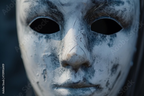 Close-up of a Weathered White Mask with Black Empty Eye Sockets and Textured Details photo