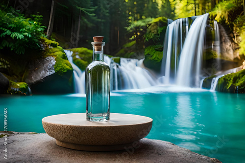 transparent bottle advertising  in a beautiful lagoon photo