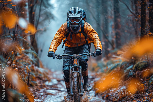 Cyclist Riding a Mountain Bike in the Beautiful Autumn Forest.