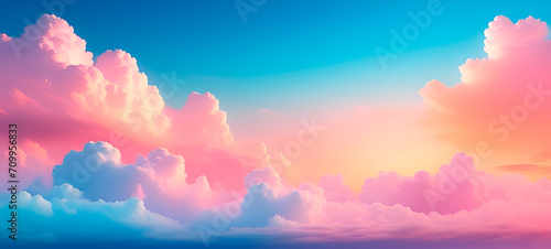 Beautiful serene pastel blue pink and yellow sky with clouds. Colorful sunrise or sunset. Wide. Panoramic view.